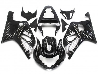 Black and White Gloss Flame 2001-2003 GSXR 600-750 Motorcycle Fairings